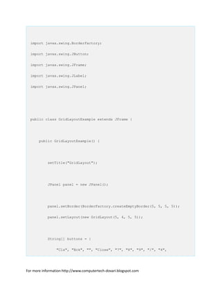 import javax.swing.BorderFactory;
import javax.swing.JButton;
import javax.swing.JFrame;
import javax.swing.JLabel;
import javax.swing.JPanel;
public class GridLayoutExample extends JFrame {
public GridLayoutExample() {
setTitle("GridLayout");
JPanel panel = new JPanel();
panel.setBorder(BorderFactory.createEmptyBorder(5, 5, 5, 5));
panel.setLayout(new GridLayout(5, 4, 5, 5));
String[] buttons = {
"Cls", "Bck", "", "Close", "7", "8", "9", "/", "4",
For more information http://www.computertech-dovari.blogspot.com
 