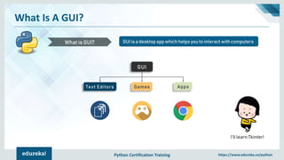Python Certification Training https://www.edureka.co/python
What Is A GUI?
GUI is a desktop app which helps you to interact with computersWhat is GUI?
GUI
Text Editors Games Apps
I’ll learn Tkinter!
 