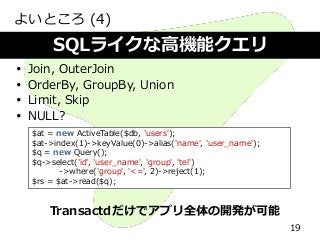 よいところ (4)
 Join, OuterJoin
 OrderBy, GroupBy, Union
 Limit, Skip
 NULL?
Transactdだけでアプリ全体の開発が可能
SQLライクな高機能クエリ
19
$at = new ActiveTable($db, 'users');
$at->index(1)->keyValue(0)->alias('name', 'user_name');
$q = new Query();
$q->select('id', 'user_name', 'group', 'tel')
->where('group', '<=', 2)->reject(1);
$rs = $at->read($q);
 