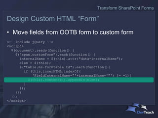 • Move fields from OOTB form to custom form
<!– include jQuery -->
<script>
$(document).ready(function() {
$("span.customForm").each(function() {
internalName = $(this).attr("data-internalName");
elem = $(this);
$("table.ms-formtable td").each(function(){
if (this.innerHTML.indexOf(
'FieldInternalName="'+internalName+'"') != -1){
$(this).contents().appendTo(elem);
}
});
});
});
</script>
Design Custom HTML “Form”
Transform SharePoint Forms
 