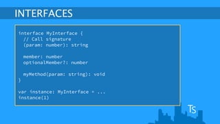 INTERFACES 
interface MyInterface { 
// Call signature 
(param: number): string 
member: number 
optionalMember?: number 
myMethod(param: string): void 
} 
! 
var instance: MyInterface = ... 
instance(1) 
 