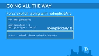 GOING ALL THE WAY 
Force explicit typing with noImplicitAny 
var ambiguousType; 
! 
ambiguousType = 1 
ambiguousType = "text" noimplicitany.ts 
$ tsc --noImplicitAny noimplicitany.ts 
 