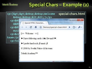 Special Chars – Example (2)
63
<p>[&gt;&gt;&nbsp;&nbsp;Welcome
&nbsp;&nbsp;&lt;&lt;]</p>
<p>&#9658;I have following cards:
A&#9827;, K&#9830; and 9&#9829;.</p>
<p>&#9658;I prefer hard rock &#9835;
music &#9835;</p>
<p>&copy; 2006 by Svetlin Nakov &amp; his
team</p>
<p>Telerik Academy™</p>
special-chars.html
 