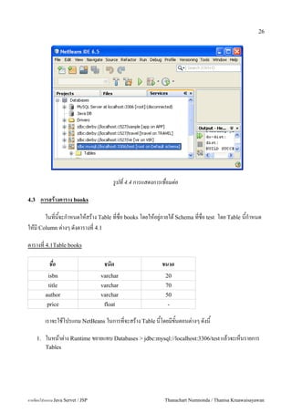 26




                                        รปท 4.4 การแสดงการเชอมต-อ

4.3    การสรางตาราง books

      ในท!นจะก.าหนดใหสราง Table ท!ช!อ books โดยใหอย/"ภายใต Schema ท!ช!อ test โดย Table น&ก.าหนด
           &
ใหม Column ต"างๆ ดงตารางท! 4.1

ตารางท! 4.1Table books

            ชอ                      ชนด                   ขนาด
            isbn                   varchar                  20
            title                  varchar                  70
           author                  varchar                  50
           price                    float                   -

           เราจะใชโปรแกม NetBeans ในการท!จะสราง Table น&โดยมข&นตอนต"างๆ ดงน&

      1.   ในหนาต"าง Runtime ขยายแทบ Databases > jdbc:mysql://localhost:3306/test แลวจะเหนรายการ
           Tables




การเขยนโปรแกรม Java Servet / JSP                           Thanachart Numnonda / Thanisa Kruawaisayawan
 