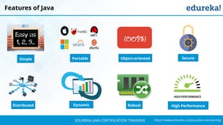 `
https://www.edureka.co/java-j2ee-soa-trainingEDUREKA JAVA CERTIFICATION TRAINING
Features of Java
Distributed RobustDynamic High Performance
Simple Object-oriented
{OOPS}
Portable Secure
 