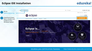 `
https://www.edureka.co/java-j2ee-soa-trainingEDUREKA JAVA CERTIFICATION TRAINING
Go to
www.eclipse.org
Download Eclipse
Neon installer and
install on your
Windows system
1
2
Eclipse IDE Installation
 