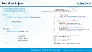 `
https://www.edureka.co/java-j2ee-soa-trainingEDUREKA JAVA CERTIFICATION TRAINING
Syntax:
modifier returnType methodName(parameters)
{
Statements…
}
Example:
public static int add(int a, int b)
{
int result;
result = a + b;
return result;
}
Functions in Java
User Defined Function
defining function
function parameters
function return value
function call
output
 