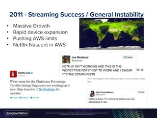 Unless otherwise indicated, these slides are © 2013-2016 Pivotal Software, Inc. and licensed under a Creative Commons Attribution-
NonCommercial license: http://creativecommons.org/licenses/by-nc/3.0/
2011 - Streaming Success / General Instability
• Massive Growth
• Rapid device expansion
• Pushing AWS limits
• Netflix Nascent in AWS
19
 