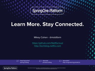 Unless otherwise indicated, these slides are © 2013-2016 Pivotal Software, Inc. and licensed under a Creative Commons Attribution-
NonCommercial license: http://creativecommons.org/licenses/by-nc/3.0/
Unless otherwise indicated, these slides are © 2013-2016 Pivotal Software, Inc. and licensed under a Creative Commons Attribution-
NonCommercial license: http://creativecommons.org/licenses/by-nc/3.0/
Learn More. Stay Connected.
Mikey Cohen - @moldfarm
https://github.com/Netflix/zuul
http://techblog.netflix.com
@springcentral
spring.io/blog
@pivotal
pivotal.io/blog
@pivotalcf
http://engineering.pivotal.io
72
 