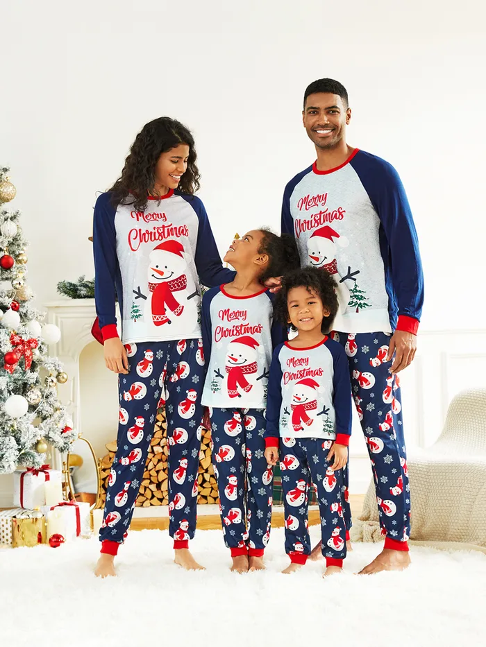 Family Christmas Pajamas Darkblue - Snowman & Red Letter Print