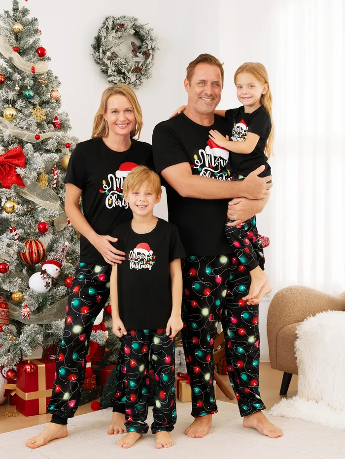 Black Matching Family Pajamas Holiday Christmas Light Bulb Print Short-sleeve Pajamas Sets