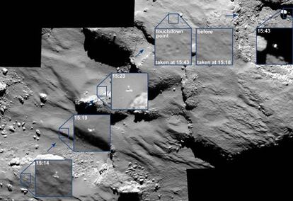 Mosaico de im&aacute;genes, captadas por la nave Rosetta, de los primeros 30 minutos del aterrizaje m&uacute;ltiple de la sonda Philae en el suelo del cometa el 12 de noviembre.