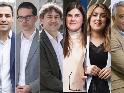 Los candidatos a lehendakari de los partidos con representación parlamentaria: Imanol Pradales (PNV), Pello Otxandiano (EH Bildu), Eneko Andueza (PSE), Miren Gorrotxategi (Podemos), Alba García Martín (Sumar), Javier de Andrés (PP) y Amaia Martínez (Vox).