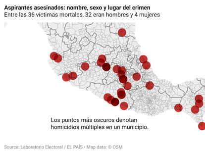 Un mapa de México muestra los sitios donde se han asesinado aspirantes a puestos públicos en el proceso electoral que culminará con las elecciones de este domingo 2 de junio de 2024.