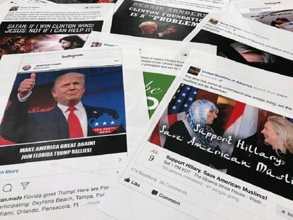 Algunos de los anuncios utilizados en Facebook e Instagram durante las elecciones presidenciales de Estados Unidos de 2016. Estos contenidos se enviaron a los usuarios que previsiblemente iban a ser más receptivos con ellos.