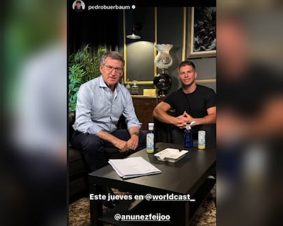 Foto con Alberto Núñez Feijóo con la que el 'influencer' Pedro Buerbaum anuncia la entrevista con él en sus redes sociales de Worldcast.