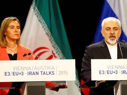 Federica Mogherini comparece junto al ministro iran&iacute; se Exteriores, Javad Zarif, con motivo del acuerdo nuclear.