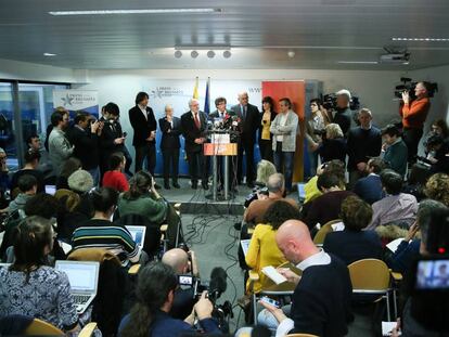 El expresidente de la Generalitat Carles Puigdemont en una rueda de prensa en Bruselas.