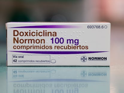 Box of the doxycycline medication in a Barcelona pharmacy.