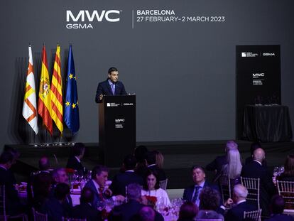 Intervención del presidente del Gobierno, Pedro Sánchez, durante la cena oficial del  Mobile Wolrd Congress (MWC), donde anunció el proyecto de modelo fundacional de IA en español y lenguas cooficiales.