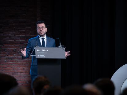 El presidente en funciones de la Generalitat, Pere Aragonès, en el acto de entrega de los Premis Nacionals de Cultura 2024, celebrado el 30 de mayo en Barcelona.