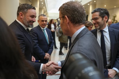 Alberto Núñez Feijóo y Santiago Abascal se saludan tras un pleno el pasado enero.