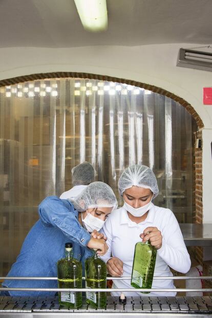 Proceso de embotellado de tequila en la factoría.
