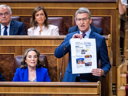 El presidente del PP, Alberto Núñez Feijóo, durante una sesión de control al Gobierno en el Congreso.