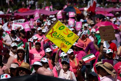 Simpatizantes durante marcha de la Marea Rosa en Monterrey, el 19 de mayo 2024.