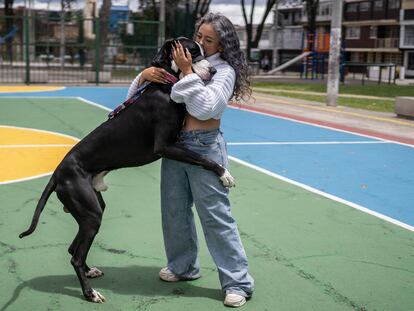 Nathalia Caballero abraza a su perro gran danés, en Bogotá (Colombia).