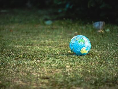 Un globo terráqueo descansa sobre la hierba.