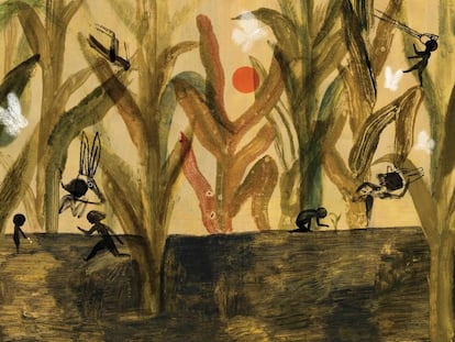Página de 'Jomshuk, Niño y Dios Maíz', de Adolfo Córdova, ilustrado por Armando Fonseca y Amanda Mijangos, editado por Castillo.
