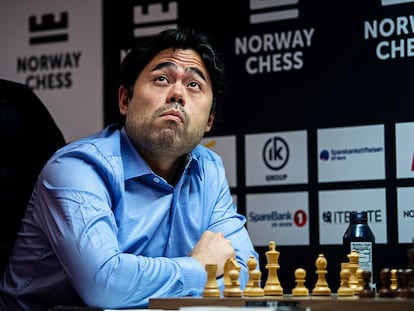 Hikaru Nakamura, en el momento de lograr una posición ganadora frente a Magnus Carlsen, este lunes en Stavanger (Noruega)