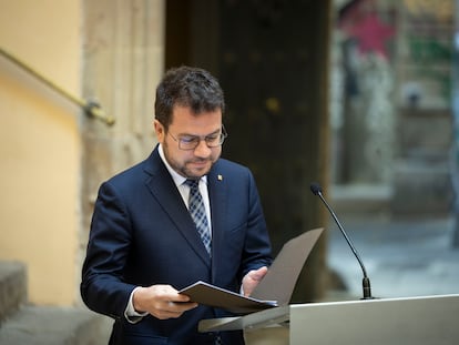 Pere Aragonès, durante la presentación del informe sobre la constitucionalidad del referéndum, el martes en Barcelona.