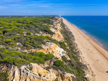Vista aérea del frente litoral de Mazagón, en Costa de la Luz, en la provincia de Huelva.