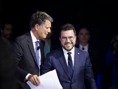 Pere Aragonès, junto al presidente del Círculo de Economía, Jaume Guardiola, este miércoles.