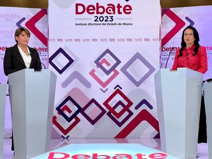 Delfina Gómez y Alejandra del Moral durante el primer debate entre las candidatas a la gubernatura del Estado de México, este jueves.