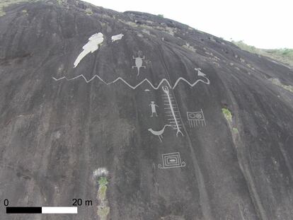 Una imagen modificada para resaltar el arte rupestre en el Cerro Pintado (Venezuela).