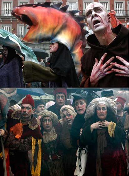 Dos momentos de la escenificación en la plaza Mayor de la batalla de <i>El Libro de buen amor</i> <b>en el último día del carnaval.