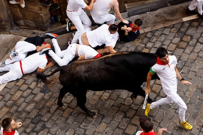 Un corredor junto a uno de los astados de Domingo Hernández, durante el quinto encierro de San Fermín. 