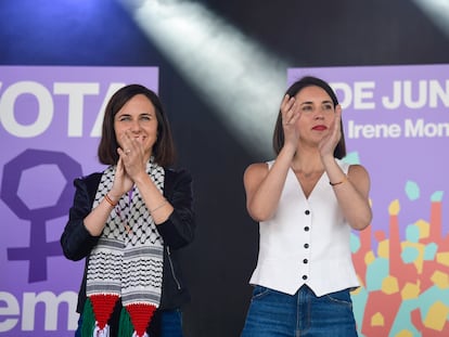 Irene Montero (a la derecha) y Ione Belarra, este sábado en la Fiesta de la Primavera de Podemos, que coincide con la campaña electoral para las europeas.