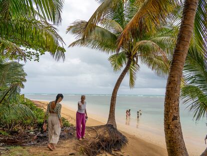 Las activistas Yanize Elías y Johana Santiago recorren Punta Bandera en Luquillo, donde se construirán varios edificios, el 15 de abril.