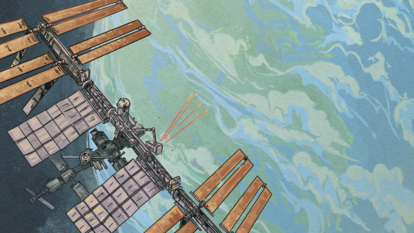 Ilustración de la Estación Espacial Internacional desde donde GEDI dispara rayos láser a la Amazonia y a otros bosques del planeta.