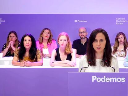 La secretaria general de Podemos, Ione Belarra, durante su intervención en el Consejo Ciudadano Estatal de la formación.