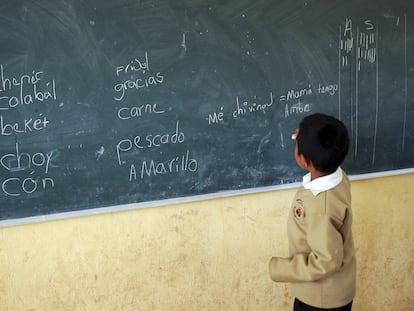 Un niño escribe en tzotzil en su escuela primaria en San Cristóbal de las Casas (Estado de Chiapas), en 2014.