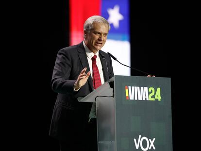 José Antonio Kast, líder del Partido Republicano de Chile, durante su intervención en la convención política de Vox "Europa Viva 24" en el Palacio de Vistalegre, en Madrid. el 19 de mayo del 2024.