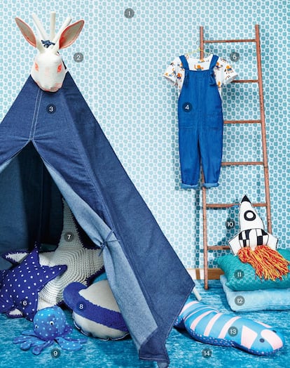 1.	Tela para pared de algodón con manchas verdes Spots, de la colección Librería, de Gastón y Daniela. 69,95 euros. |
2.	Tocado de conejo de fieltro de Circo Kids. 45 euros. |
3.	Tipi denim de Zara Home. 99,99 euros. |
4.	Peto vaquero de Gocco. 34,99 euros. |
5.	Camiseta con un estampado de pulpos de Tinycottons. 31 euros. |
6.	Cojín de estrella azul de la sección Mini Home, de El Corte Inglés. 15,95 euros. |
7.	Estrella tejida de AnneClaire. A la venta en la concept store El Moderno. 179 euros. |
8.	Cojín Saturn, de Lorena Canals. 39 euros. |
9.	Peluche de pulpo de Hema. 10 euros. |
10.	Cojín de cohete de Lorena Canals. 39 euros. |
11.	Cojín de tejido turquesa Savannah, de Gastón y Daniela. 74,43 euros. |
12.	Cojín aguamarina de terciopelo de Primark. Dos por 10 euros. |
13.	Serpiente bicolor de Leroy Merlin. 14,99 euros. |
14.	Tela de suelo en terciopelo azul mali de la colección de Jane Churchill. A la venta en Gastón y Daniela. 114,34 euros.
