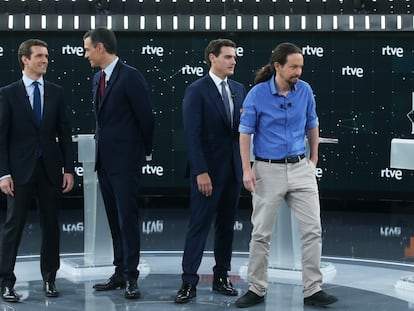 Debate en TVE con la participación de Pablo Casado, Pedro Sánchez, Albert Rivera y Pablo Iglesias, en 2019.