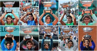 Rafael Nadal celebra sus diez Roland Garros de 2005, 2006, 2007, 2008, 2010, 2011, 2012, 2013, 2014 y 2017