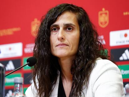 Montse Tomé, este miércoles en la rueda de prensa en la Ciudad del Fútbol, en Las Rozas (Madrid).